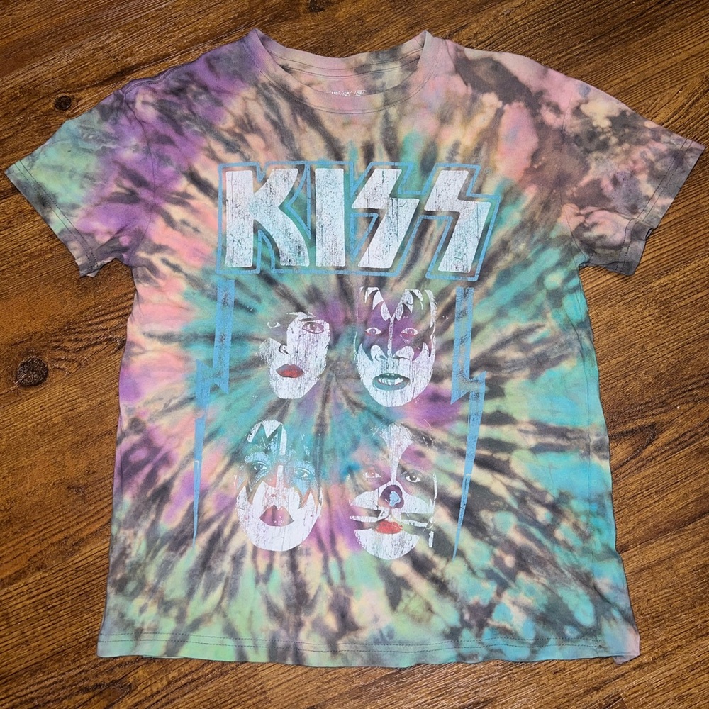 KISS Blue Green Multicolor Retro Tie-Dye Graphic Band Short Sleeve Shirt Size XS